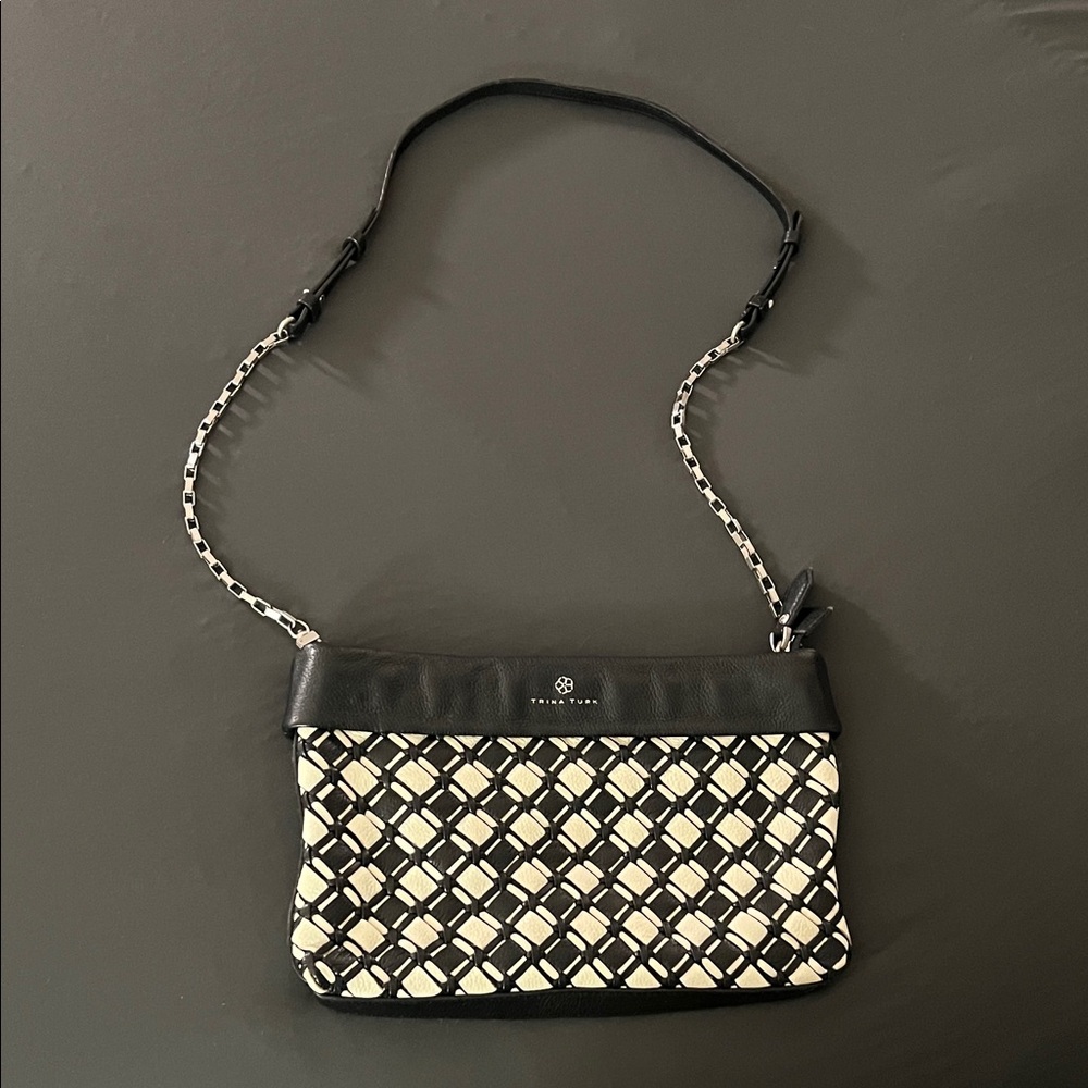 Trina Turk Black & Cream Leather Lattice Purse